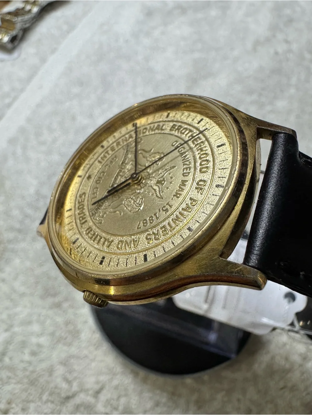 #187 Hamilton Gold Dial Watch with Black Leather Strap